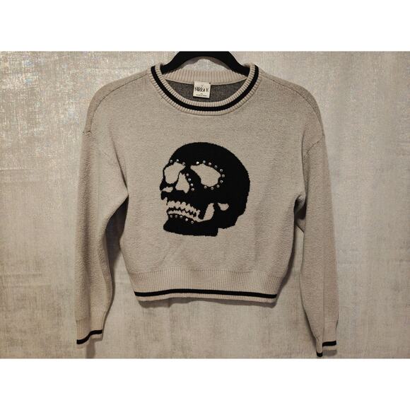 Skull Grommet Rhinestone‎ XS Soft Gray Black Cropped Sweater Steampunk Grunge - Picture 1 of 5